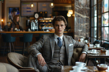 A man in a suit and tie sits in a chair at a cafe