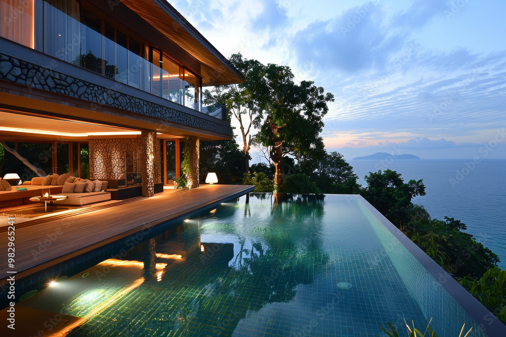 Poster a large house with a pool and a view of the ocean