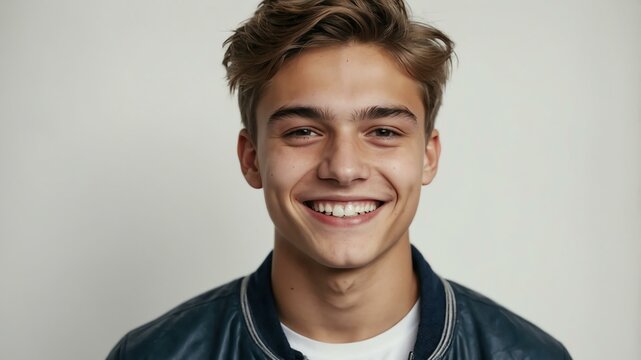 teenage european man on white background model close-up smiling with beautiful teeth for ad concept space for text