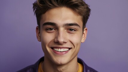 Obraz premium teenage european man on pastel purple background model close-up smiling with beautiful teeth for ad concept space for text