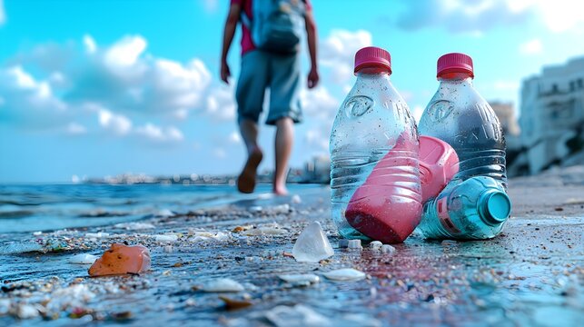 Washed-up plastic bottles on a clean shoreline, environmental damage, 3D illustration