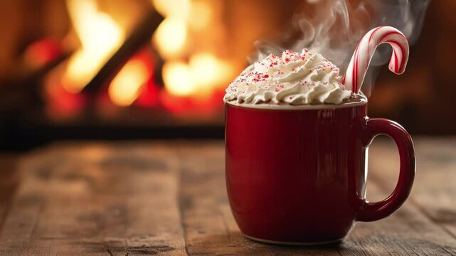 A steaming cup topped with whipped cream and candy cane sits on a wooden table, with a warm fireplace glowing in the background