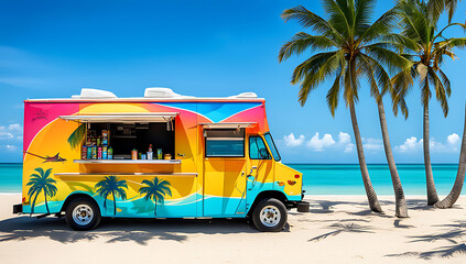 a retro-style food truck parked on a sandy beach with clear blue skies and a calm ocean in the background, The truck has a large serving window with a  counter