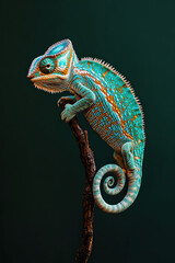 Fototapeta premium Vibrant Blue Chameleon on Branch – Close-Up Wildlife Photography