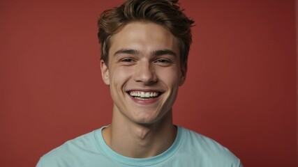 Fototapeta premium teenage caucasian man on pastel red background model close-up smiling with beautiful teeth for ad concept space for text