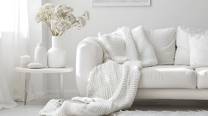 A chic white modern living room interior with minimalist furniture, a cozy white throw blanket, and elegant home decor items, complemented by clean lines and subtle textures