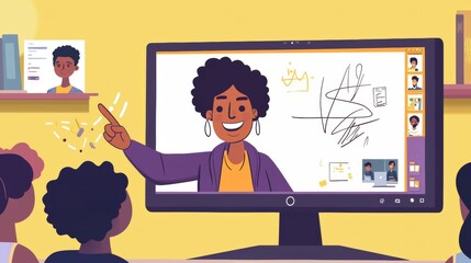 Students attending an online class with a teacher explaining a lesson on a computer screen with other students attending remotely