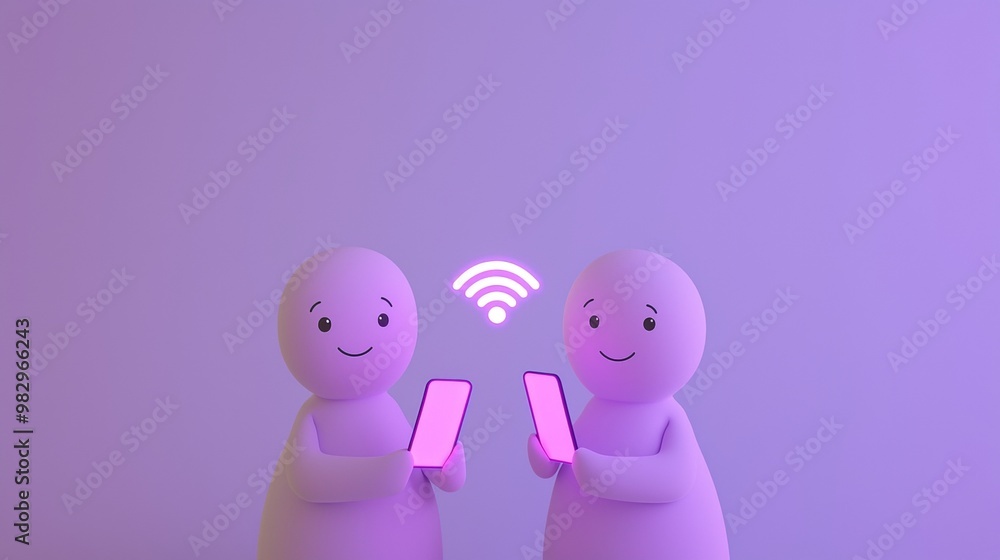 Aufkleber two happy and smiling 3d characters using their smartphones with a glowing wifi icon hovering above,
