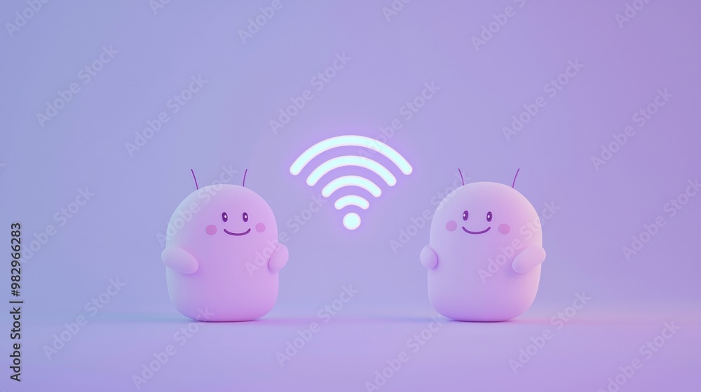 Poster 3d illustration of two happy, smiling blob characters with antennas, standing next to a glowing wifi