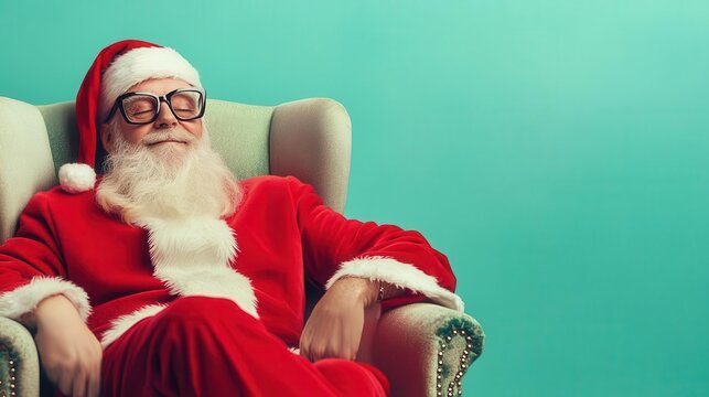 dapper santa claus in stylish red suit and modern glasses relaxing in luxurious armchair mint green backdrop contemporary holiday vibe