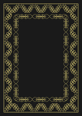 Golden vintage frame of A4 format with complex ornament and additional decor on a black background. Vector illustration