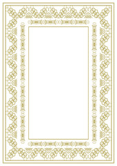 Golden vintage frame of A4 size with complex multi-layered decorative ornament. Vector illustration