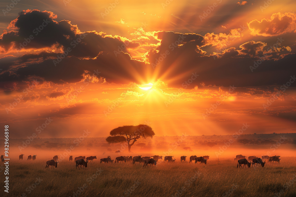 Poster a herd of animals is grazing in a field with a tree in the foreground