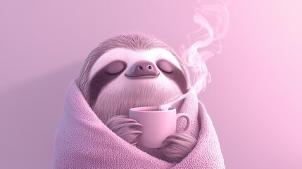 Obraz premium Cute sloth is wrapped in a blanket, holding a steaming mug and enjoying a quiet moment of peace. This adorable character brings a touch of warmth and serenity to any design
