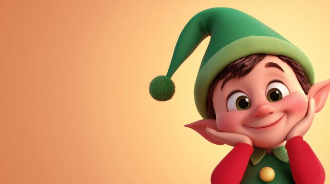 Young christmas elf happily smiles against a festive gold background, exuding joy and cheer perfect for winter celebrations