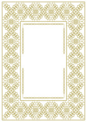 Vintage frame in A4 format with wide golden ornament and additional rim. Vector illustration