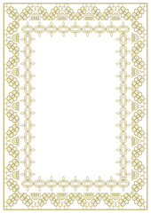 Vintage frame of A4 format with wide golden ornament and additional decorative rim. Vector illustration