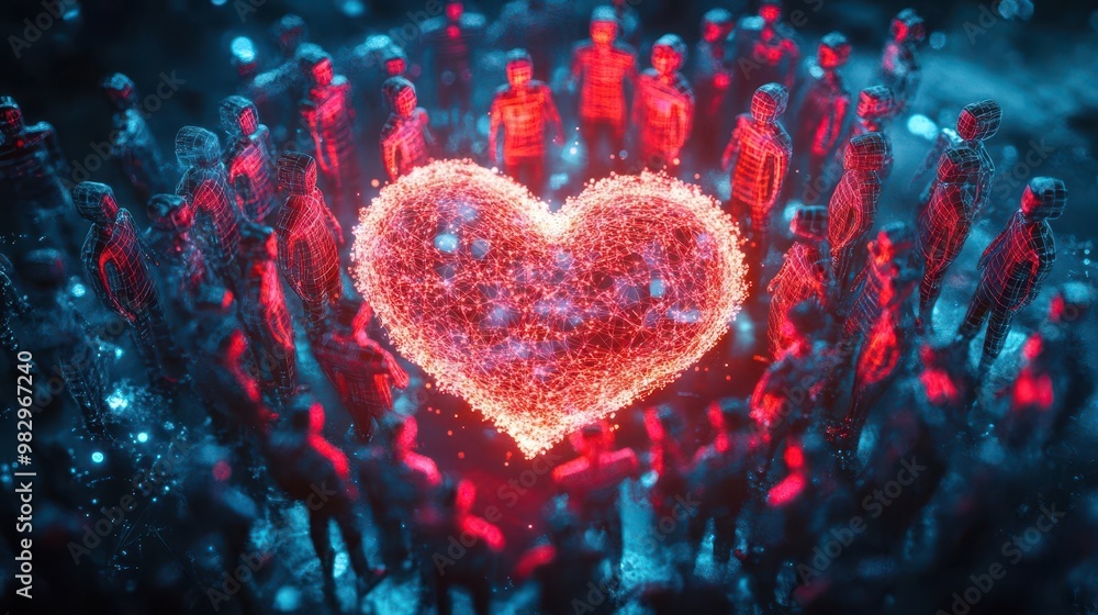 Poster diverse group of holographic avatars joining hands around a glowing 3d heart symbolizing global unit