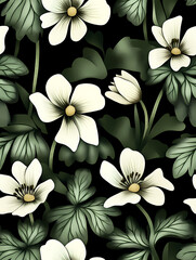 White anemones with green leaves and flowers on a black background, oil painting illustration, seamless pattern