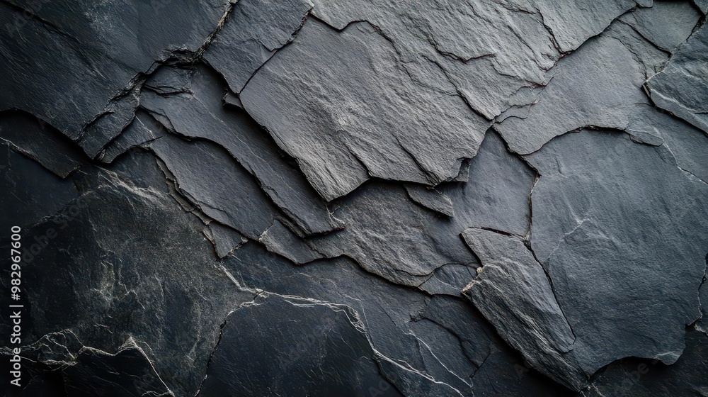 Poster dramatic closeup of dark grey slate texture with intricate patterns of fissures and layers creating 