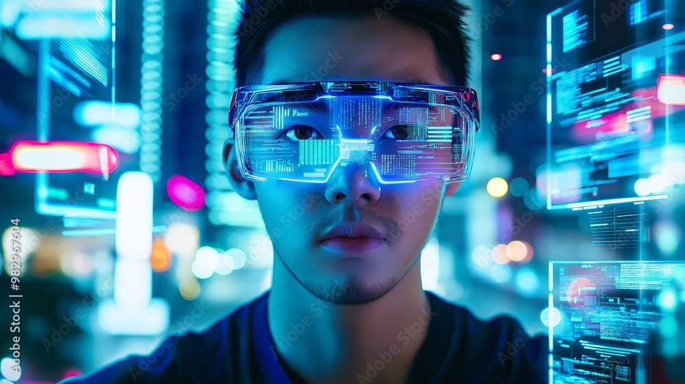 Poster young software engineer is wearing vr glasses and working with a virtual holographic interface in a 