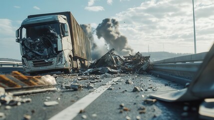 Fototapeta premium dramatic scene of a massive truck collision on a highway crumpled metal and debris scattered across the road highlighting the dangers of traffic accidents and importance of road safety