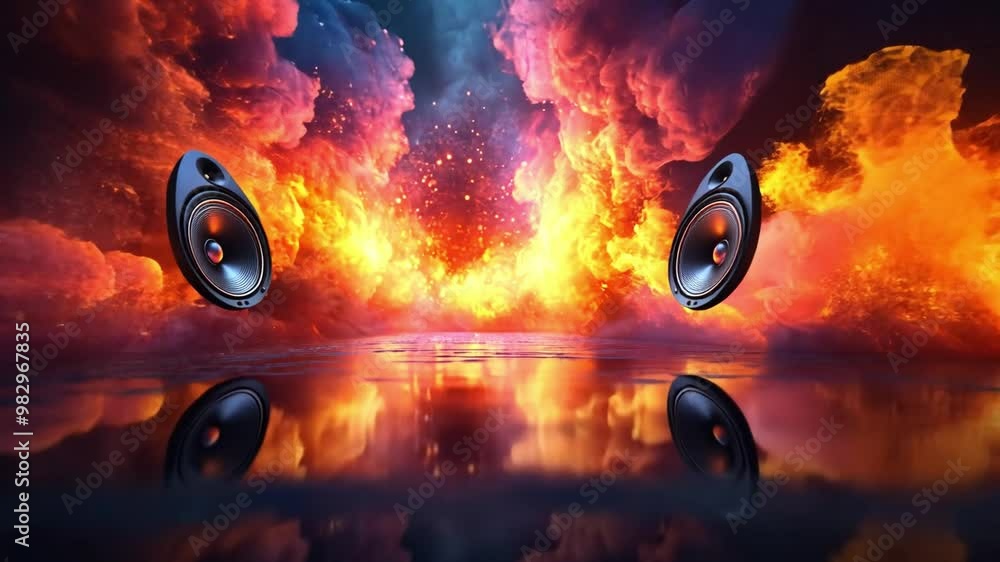 Poster dynamic sound waves emanate from loudspeakers amidst vivid colors and fiery bursts in an abstract di