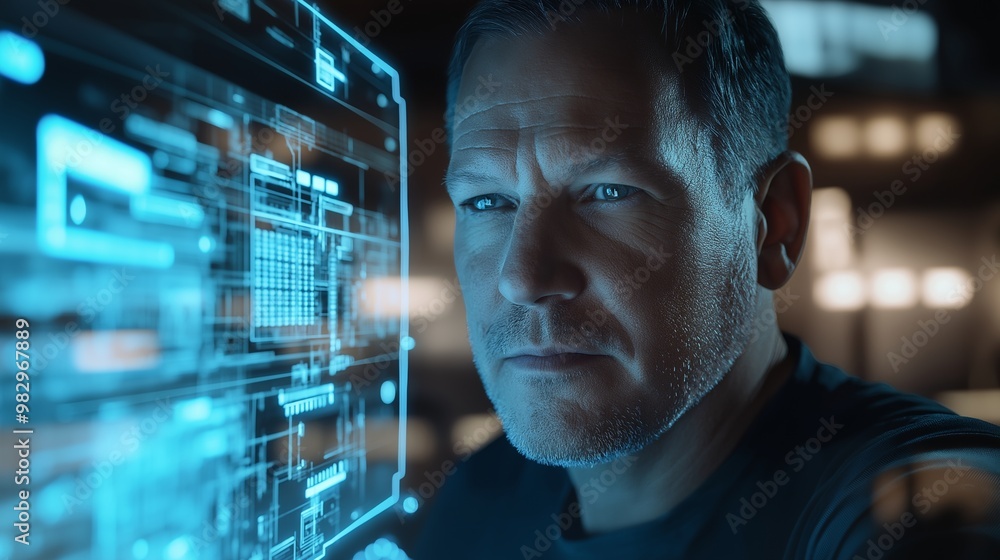 Poster software developer works late in a dark office, coding on a holographic interface, exploring technol