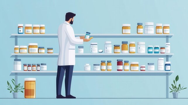 Pharmacist organizing antibiotics on shelves, clinical workspace, isolated, flat design illustration