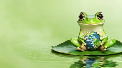 Obraz premium Green tree frog is sitting on a leaf in water, hugging a small earth globe. This image evokes environmental conservation and the importance of protecting our planet