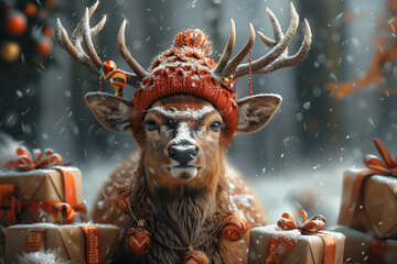 Christmas illustration of deer wearing winter hat in forest surrounded with gift boxes.