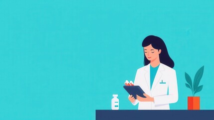 Pharmacist scanning medication, clinical setting, flat design illustration
