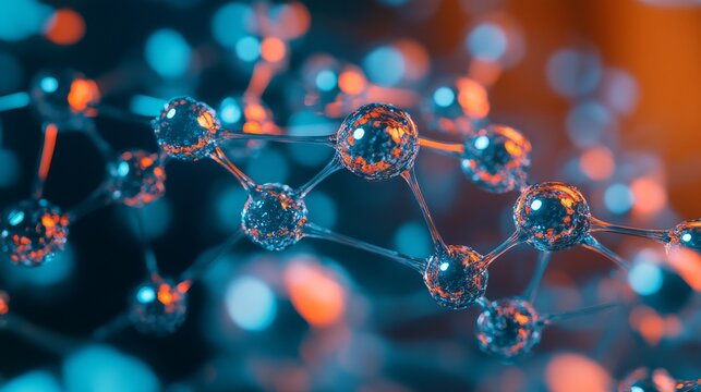 An abstract close-up of a molecular structure, showcasing vibrant blue and orange spheres connected by delicate lines, evoking themes of chemistry and technology.