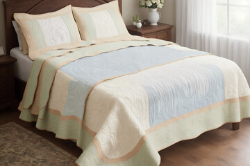 bed in room with pastel colors and light shining through the window covered by sheer drapes