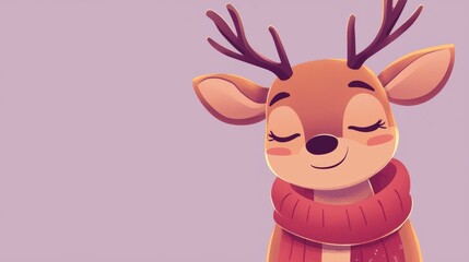 Obraz premium Adorable cartoon reindeer ready for christmas, wrapped in warm scarf, exuding coziness and warmth. Perfect for holiday cards and designs, adding fun to winter projects
