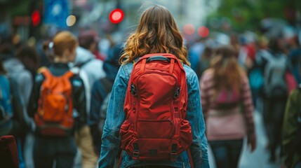 Obraz premium A group of students with backpacks in an urban area, embarking on their backtoschool adventure during a sunny day
