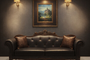 brown leather sofa in interior room with fancy decor and furniture 