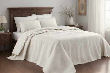 bed in hotel room with all-white decor and clean brown wooden flooring