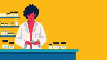 Pharmacist packing pills into containers, clinical pharmacy setting, flat design illustration