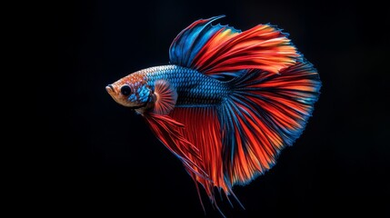 Fototapeta premium A colorful Betta fish swims in its tank, munching on food against a dark background.