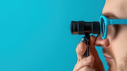 Man Using Tool for Eye Examination on Blue Background