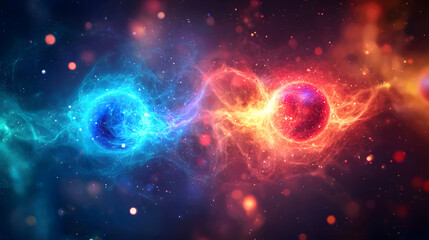 Conceptual of quantum entanglement,particles connected in a beautiful, visually striking arrangement with vibrant colors and glowing light.