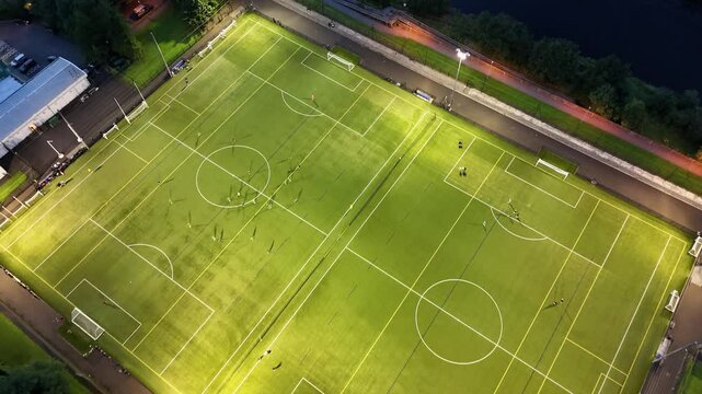Aerial view of the soccer pitch close to the bridge over the Mourne River in Strabane in Northern Ireland
