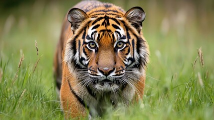 Obraz premium A tiger standing still in the tall grass, its sharp eyes focused intently on something unseen in the distance