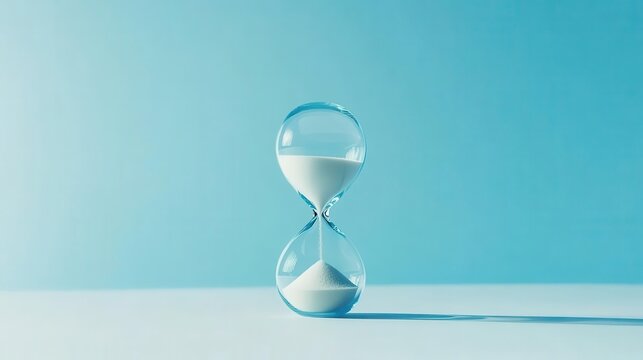elegant hourglass silhouette against serene light blue background sand trickling through glass symbolizing passage of time clean minimalist composition with subtle shadows