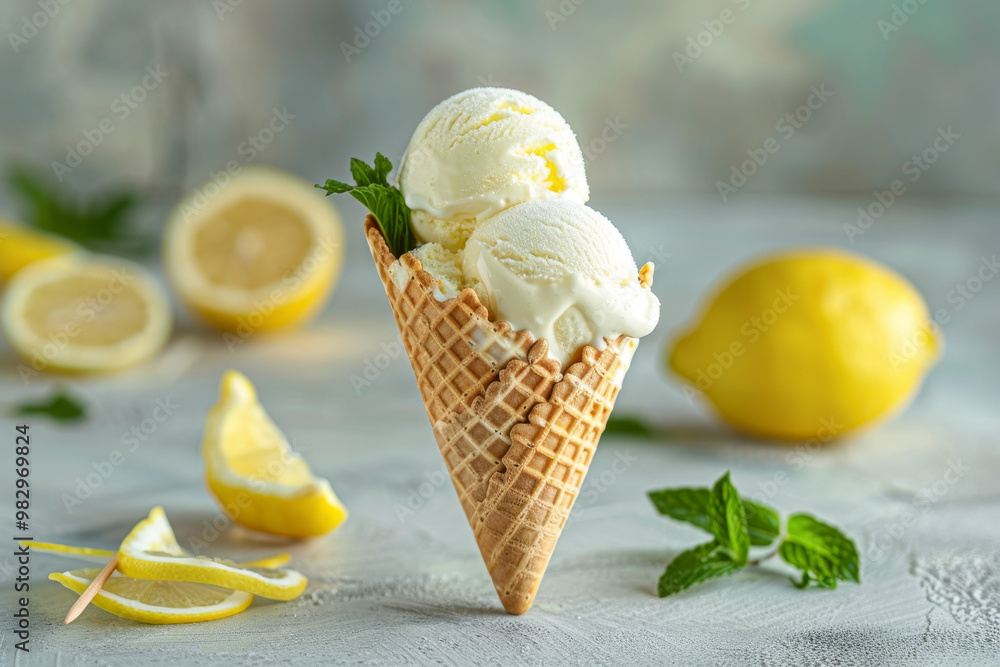 Poster a lemon wedge sits on a table next to a lemon ice cream cone