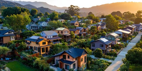 Naklejka premium A tiny home community in a green valley, with a communal garden, solar-powered houses, and residents engaging in sustainable living practices