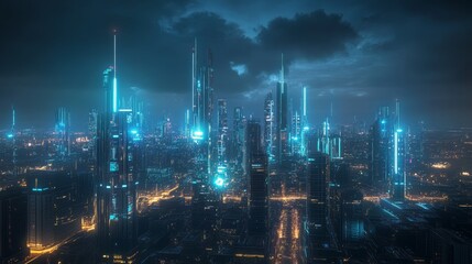 A futuristic city skyline illuminated by glowing blue lights, amidst dramatic clouds and a nighttime backdrop.