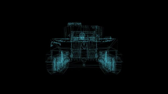 Military Tiger tank 3d wireframe with thin blue lines. Tank forces futuristic hologram on black background. Loop rotation animation