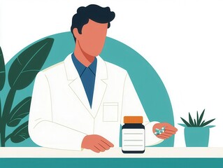 Pharmacist arranging pill bottles on a counter, isolated clinical room, flat design illustration